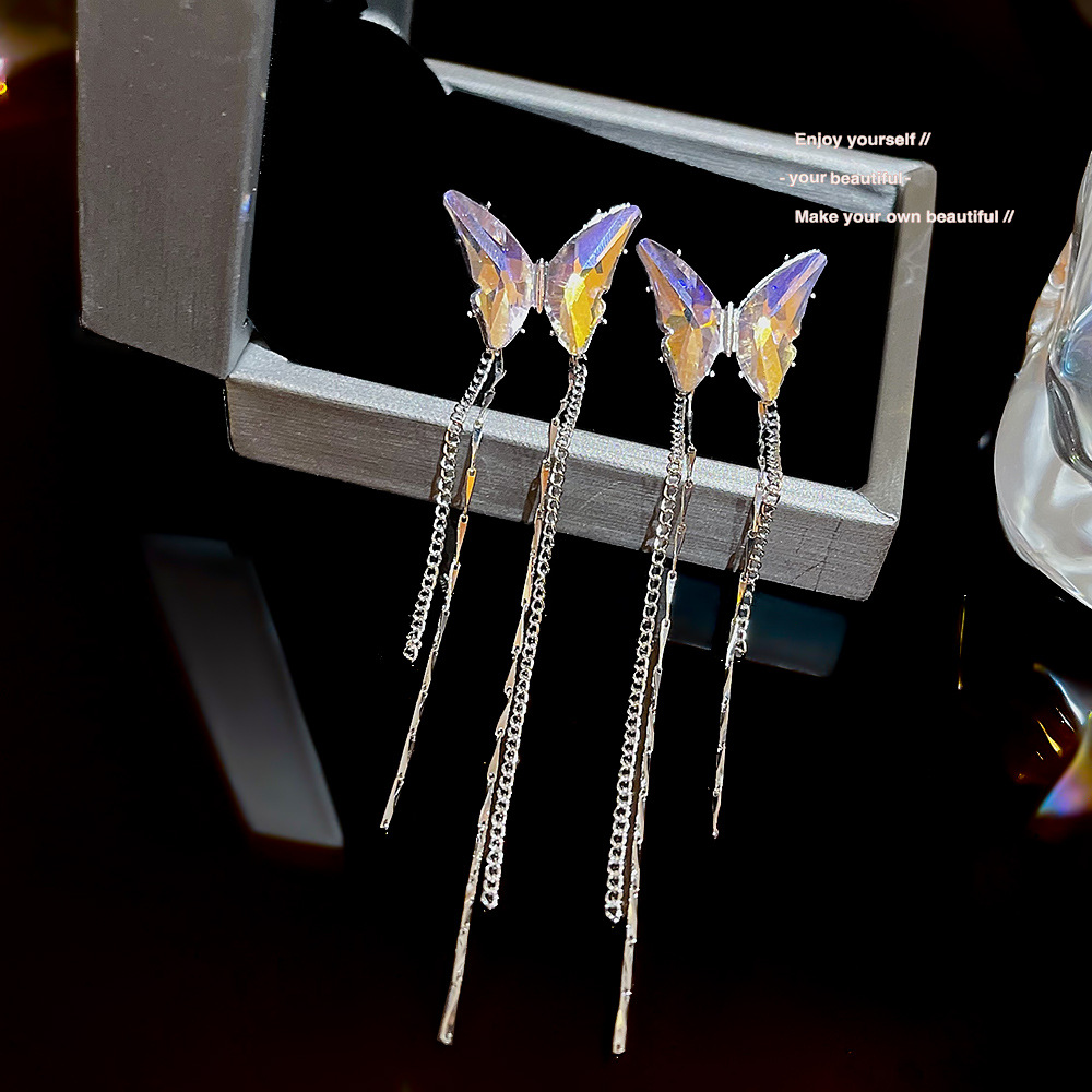 Fashionable and ethereal colorful crystal butterfly long tassel ear clips, no holes, high-end, niche and light luxury style earrings for women details Picture