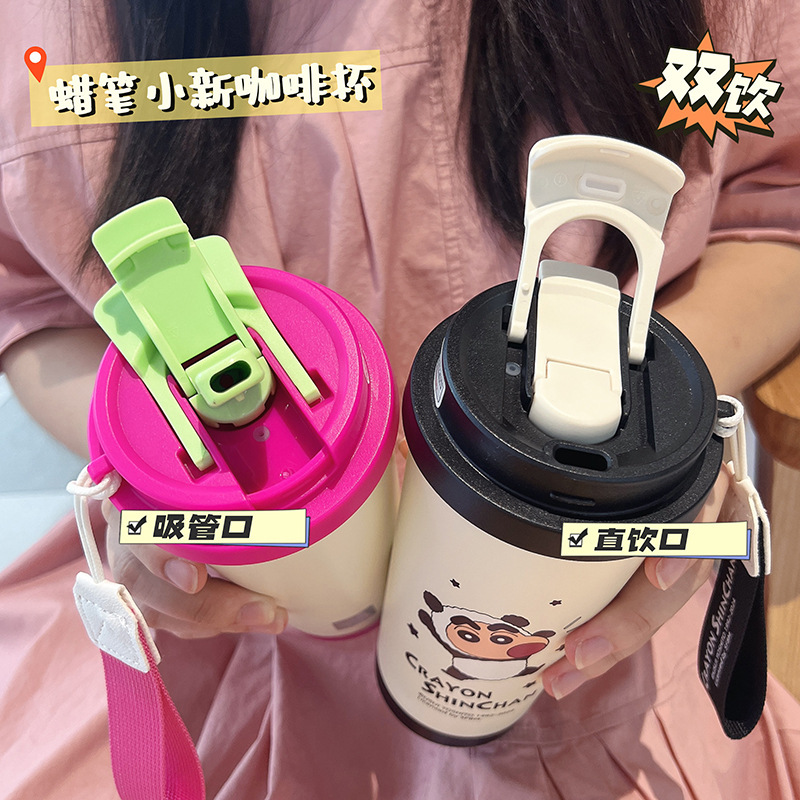 New Crayon Shin-chan insulated cup for men and women 2024, high appearance level stainless steel coffee water cup with drawstring and straw cup details Picture