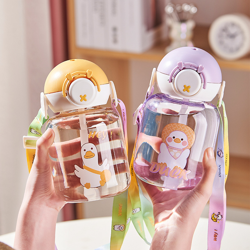 Fuxing children's straw cup, cute plastic cup, cartoon water cup, anti-drop and leak-proof cup, outdoor portable pop-up lid water bottle Specification drawing