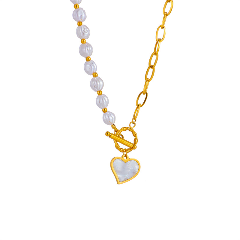 European and American fashion niche design titanium steel pearl chain asymmetrical splicing OT clasp collarbone chain heart pendant necklace Item Picture