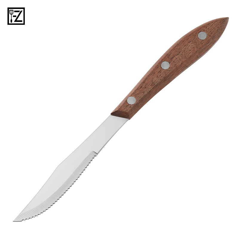 Steak knife, bread, cake and toast knife, wooden handle, serrated, stainless steel, Western-style household steak knife, round head knife full figure
