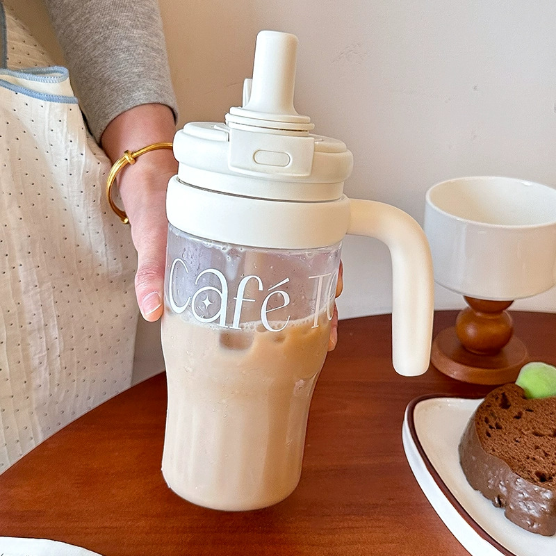Simple summer water cup for women, double-drinking with handle, tabletop plastic cup, high appearance level, couple's home straw cup full figure