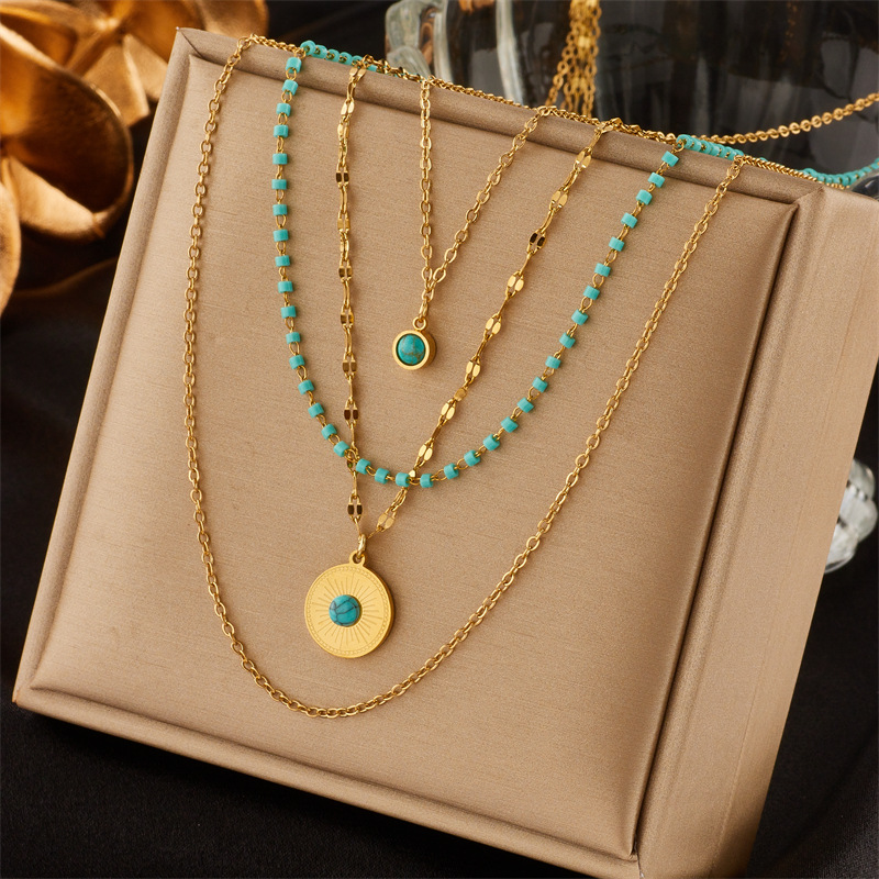 European and American cross-border niche design creative and personalized multi-layer irregular titanium steel round plate turquoise pendant chain necklace full figure