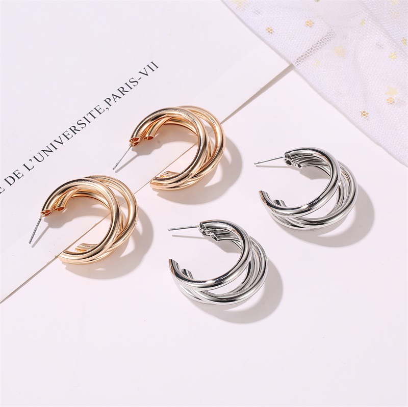 European and American ins style geometric multi-layer ear rings, women's personality and temperament, three-layer semi-circular cross earrings, cross-border exaggerated earrings details Picture