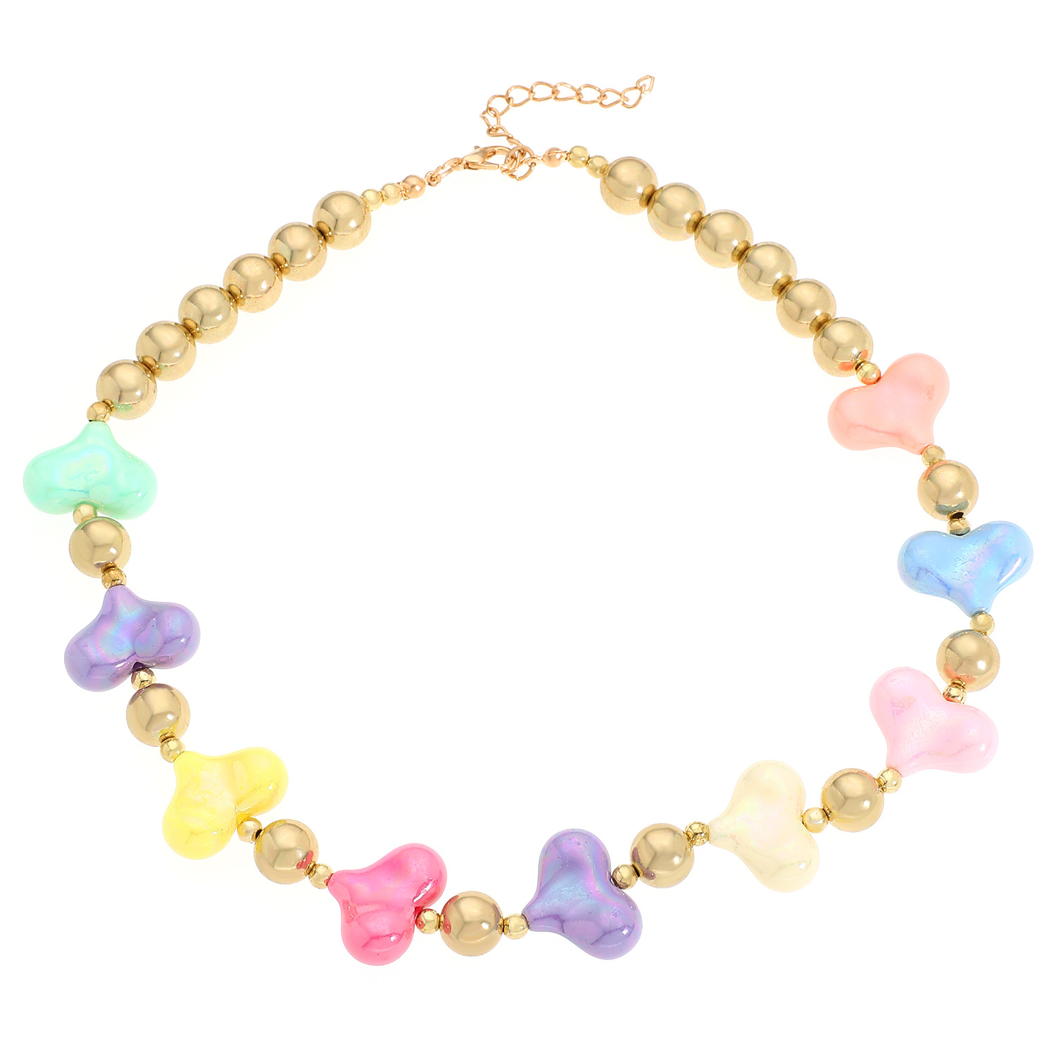 Cross-border cute candy-colored beaded flower necklace bracelet two-piece set, dopamine-colored heart-shaped collarbone chain for women Item Picture