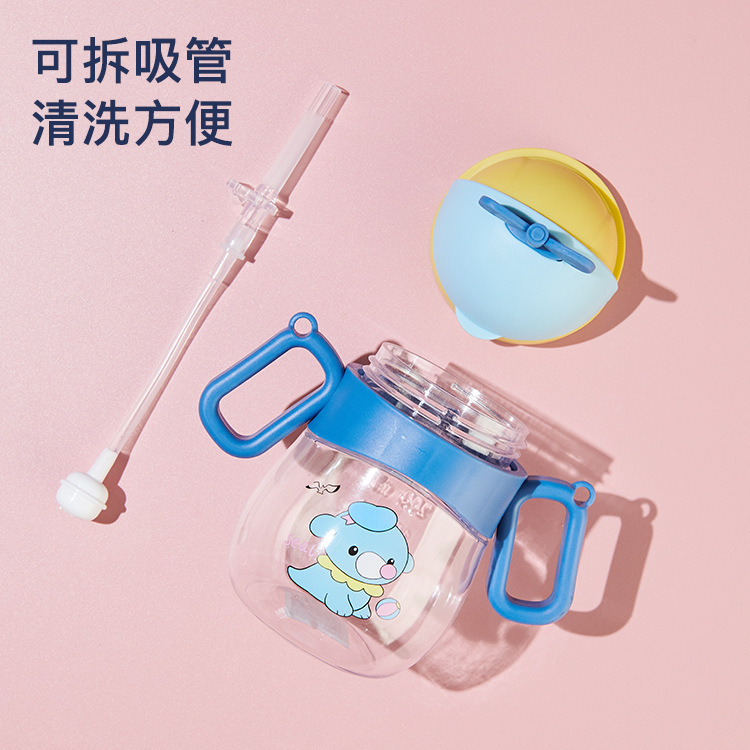 New dual-purpose children's plastic water cup, baby straw cup, cartoon handle drinking cup, kindergarten carrier water bottle details Picture