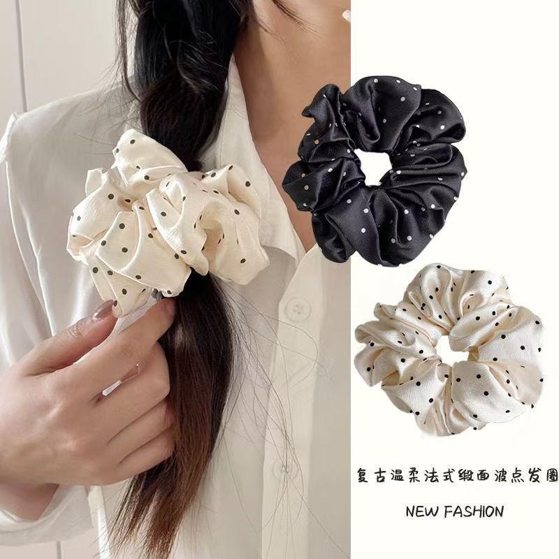 Simple satin polka dot large intestine hair band, gentle retro pleated fabric sausage band, bun hair tie, loose rubber band full figure