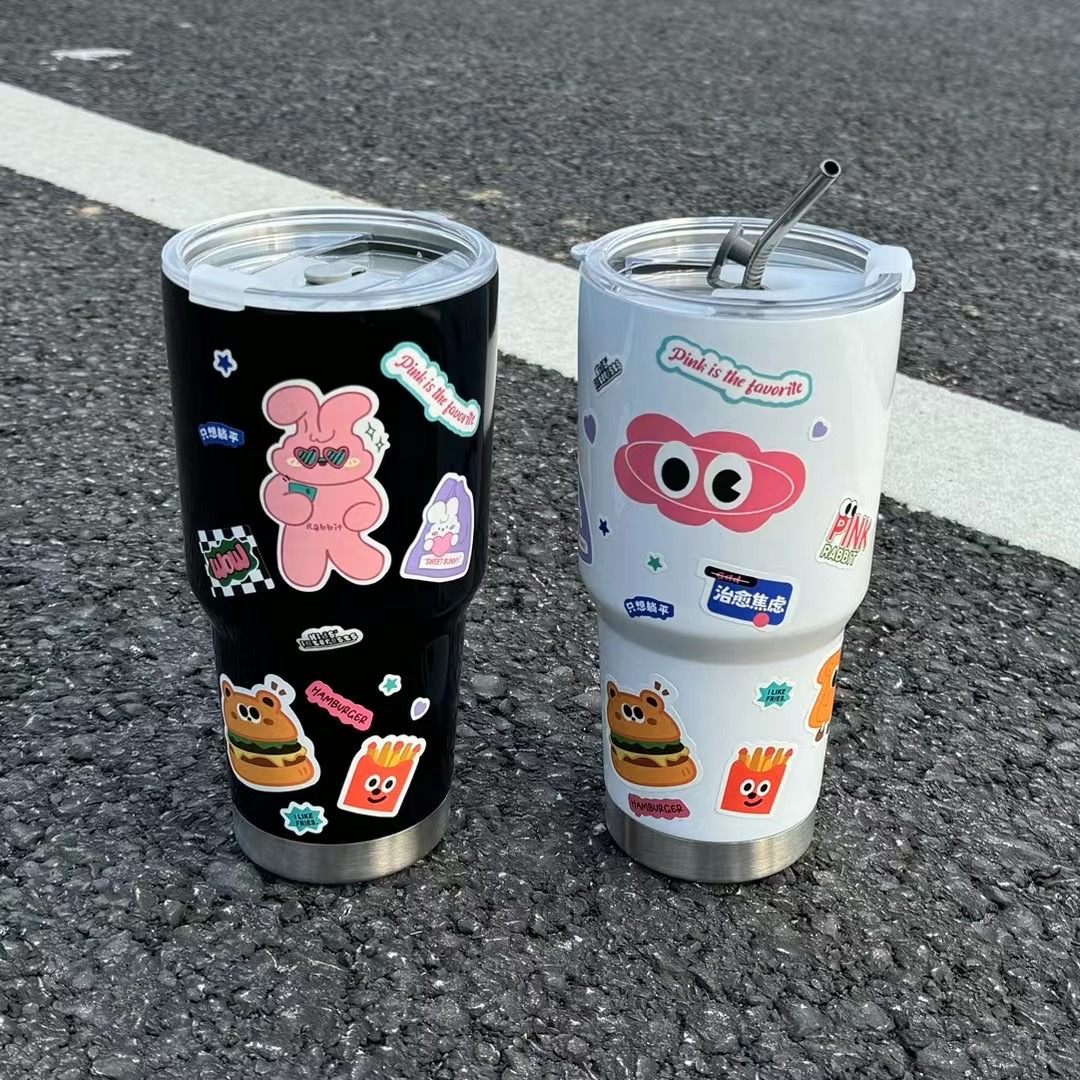 Ice king cup, car cup, portable coffee cup, cold preservation cup, thermos cup, dual-purpose summer stainless steel straw cup full figure