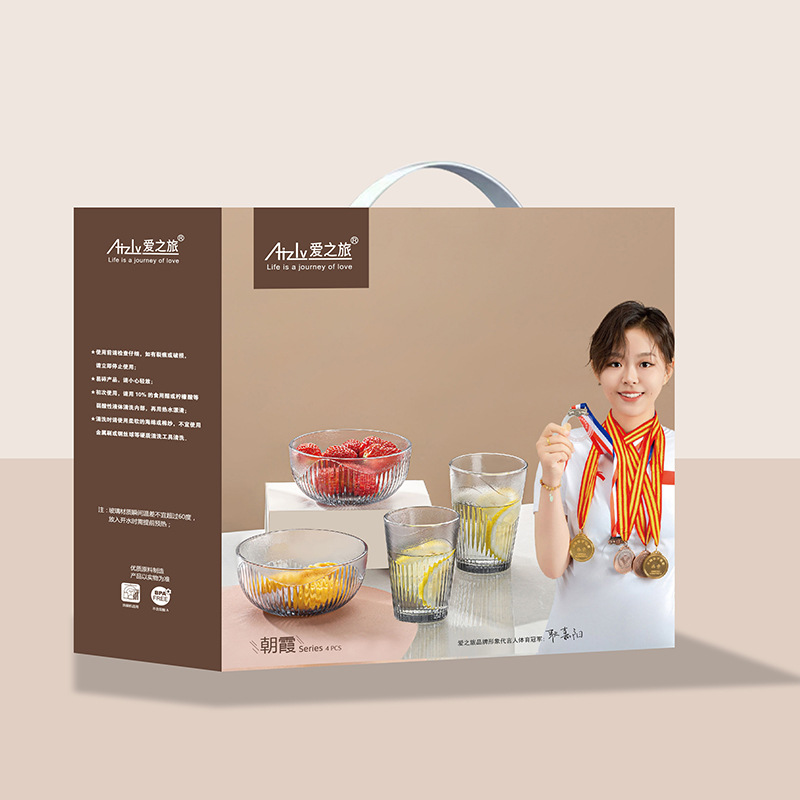 Household lead-free Nordic grey glass salad double-eared bowl, milk cup, rice fruit soup bowl and plate, microwave heat-resistant details Picture