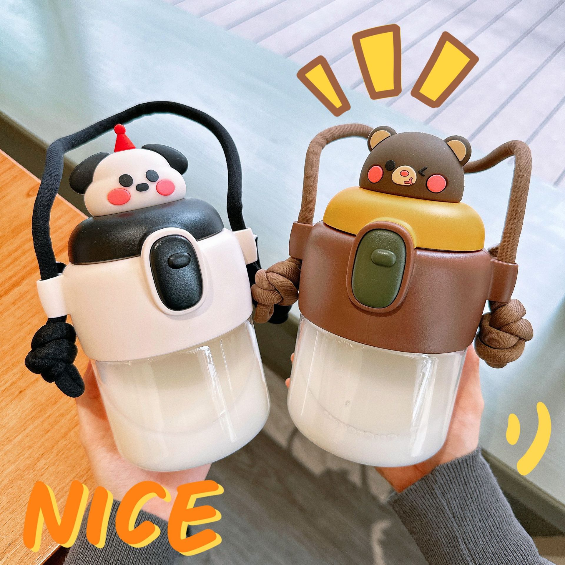 New plush plastic cup, large-capacity portable space cup, creative high appearance level, student cartoon portable straw cup full figure