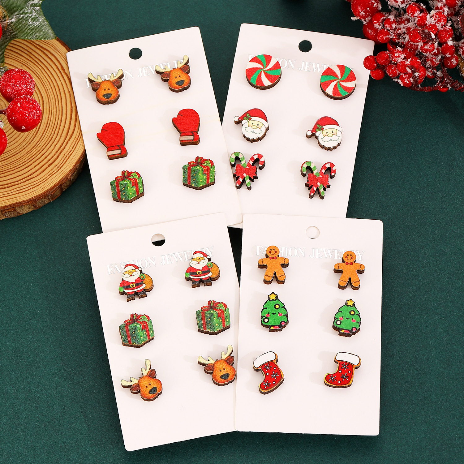 European and American Christmas earrings 2024 Moose walking stick Christmas Tree gloves Wooden Stud earrings set Women's cross-border accessories details Picture