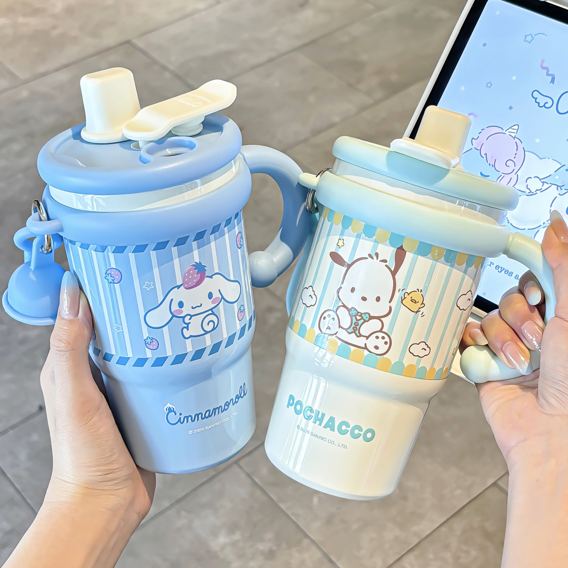 Sanrio Family series insulated cups feature silk-screened design and come with a sturdy handle, making them portable cartoon household double drinking cups Specification drawing