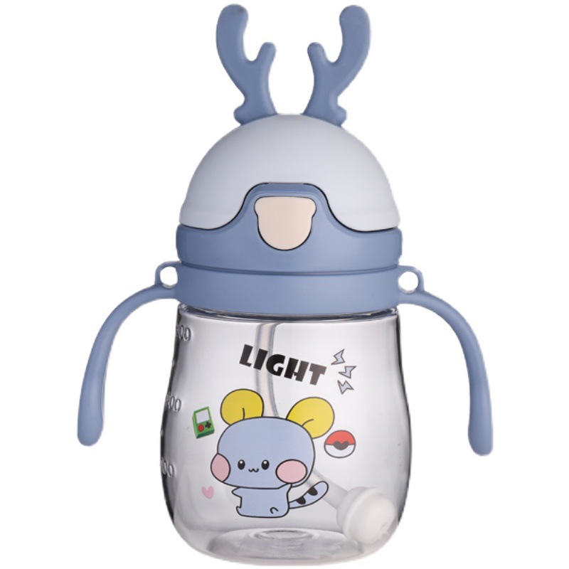 Silver Thousand Little Deer Children's water Bottle, kindergarten shoulder strap, Double handle, dual-purpose straw cup, creative cartoon, unbreakable Item Picture