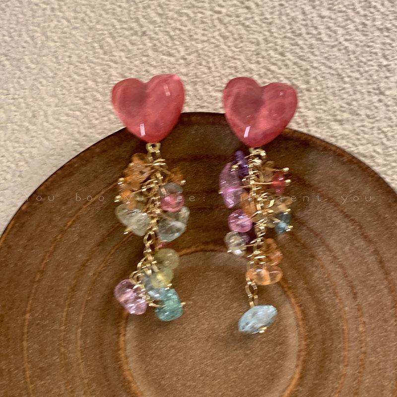 Dopamine Colored heart-shaped crystal tassel exaggerated earrings and stud earrings, new 2024 best-selling vacation-style earrings and earrings details Picture