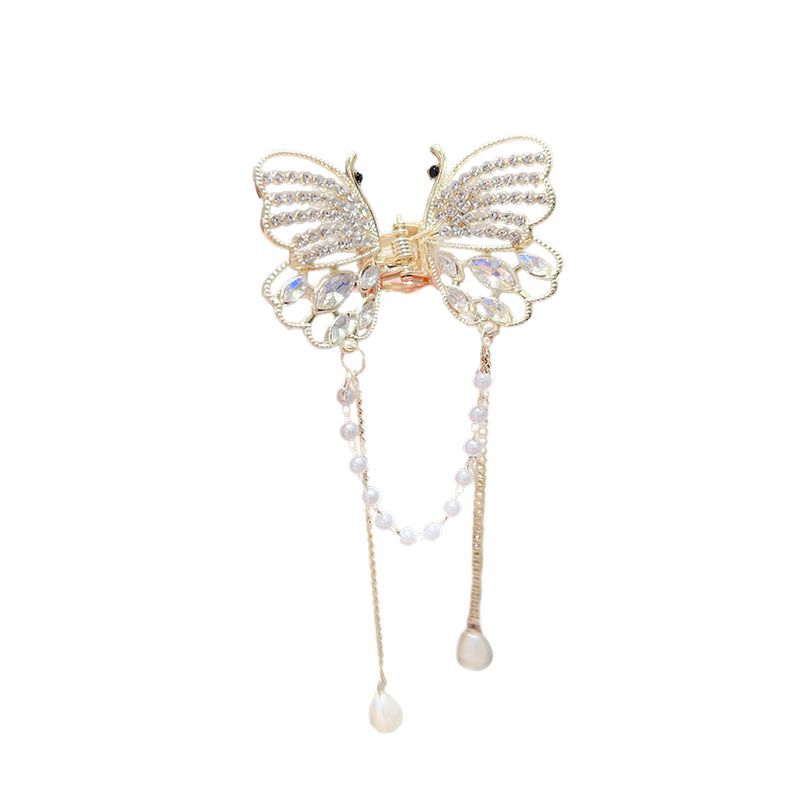 The new crystal butterfly pearl tassel gripper, the shark clip at the back of the head, exudes a high-end and elegant semi-tied hair clip accessory Item Picture