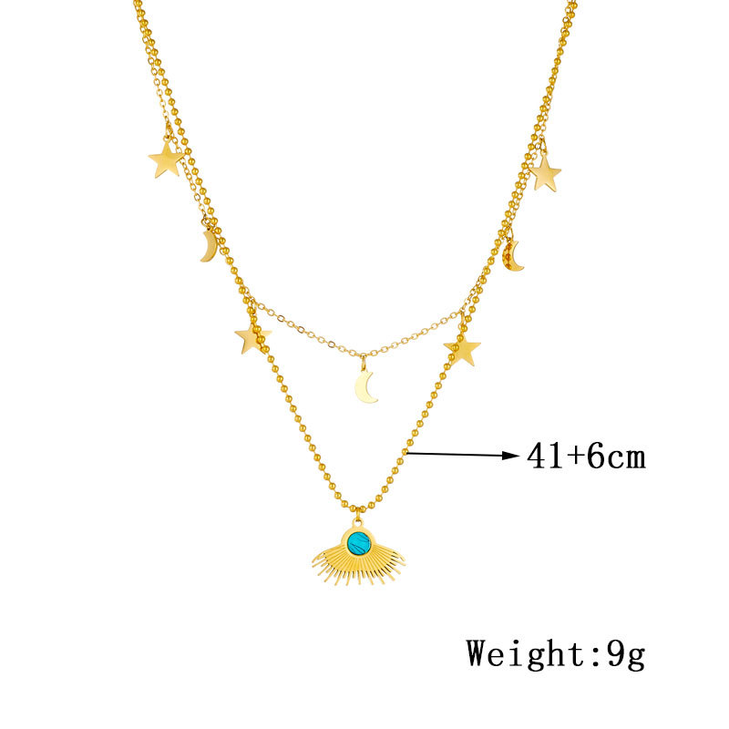 Fashionable cross-border gold-plated star and moon pendant, blue turquoise fan-shaped accessory, double-layer stacked stainless steel jewelry necklace Application Scenario