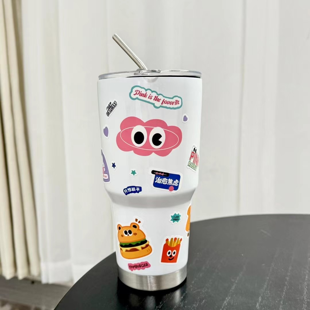 Ice king cup, car cup, portable coffee cup, cold preservation cup, thermos cup, dual-purpose summer stainless steel straw cup Specification drawing