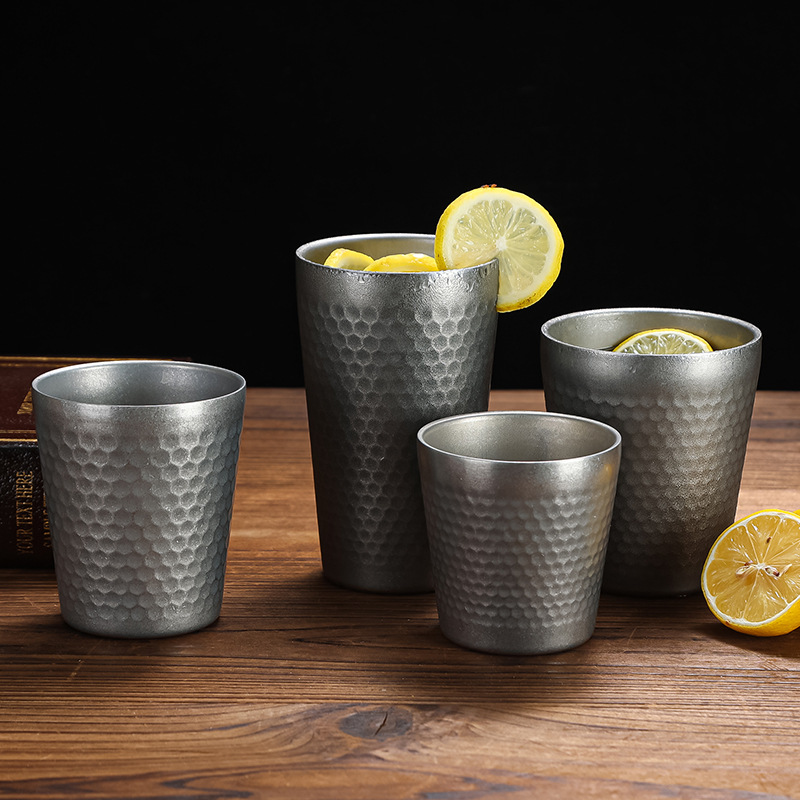 Retro stainless steel diamond-patterned cups, water cups, tea cups, juice cups, beer mugs, aged snowflake grey, portable for outdoor use full figure