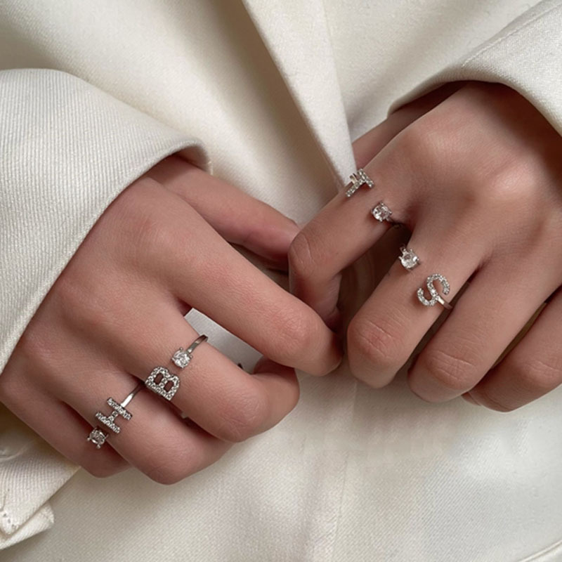 French high-end, light luxury letter-shaped zircon open ring, women's personality, Instagram niche design, cold style ring trend Specification drawing