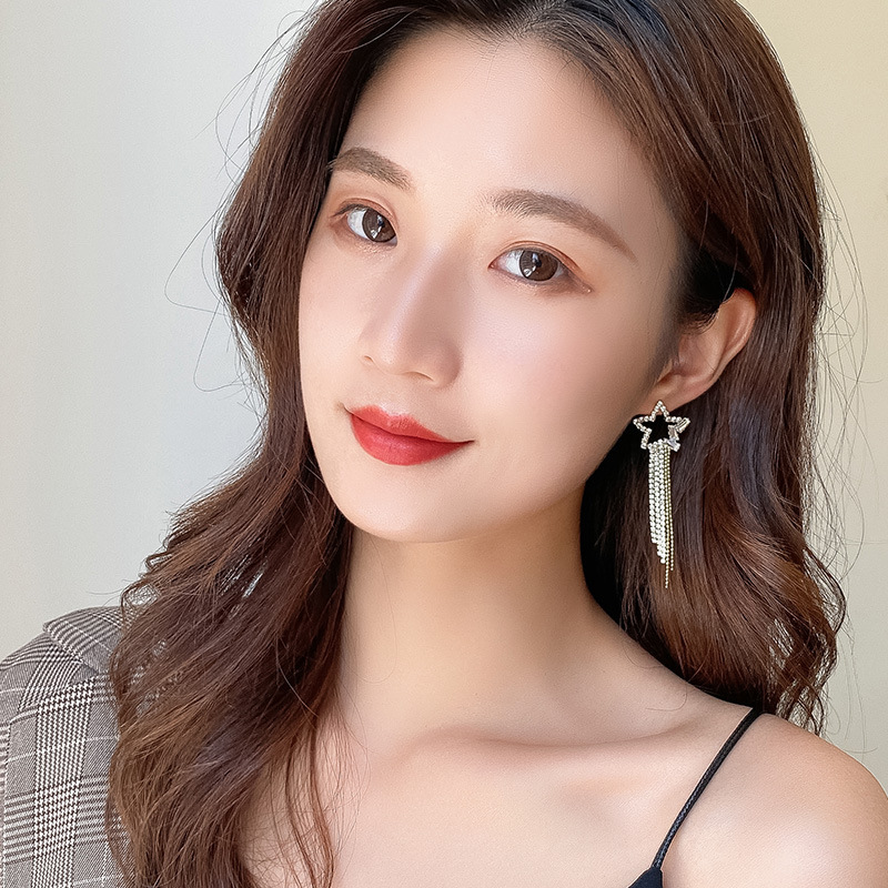 New Korean version long star earrings, silver needle high-end earrings, women's fashionable and exquisite stud earrings, niche design accessories details Picture
