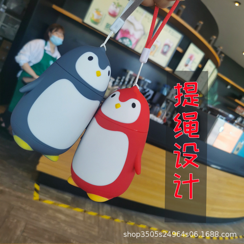 Creative internet-famous cartoon cute pet animal penguin water cup, couple carrying rope, 304 stainless steel insulated cup, gift cup full figure