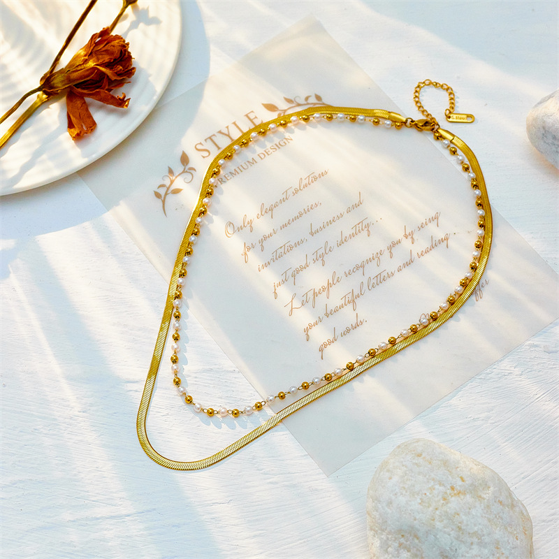 European and American cross-border creative and personalized irregular metal beaded chain titanium steel flat snake chain high-end double-layer necklace details Picture