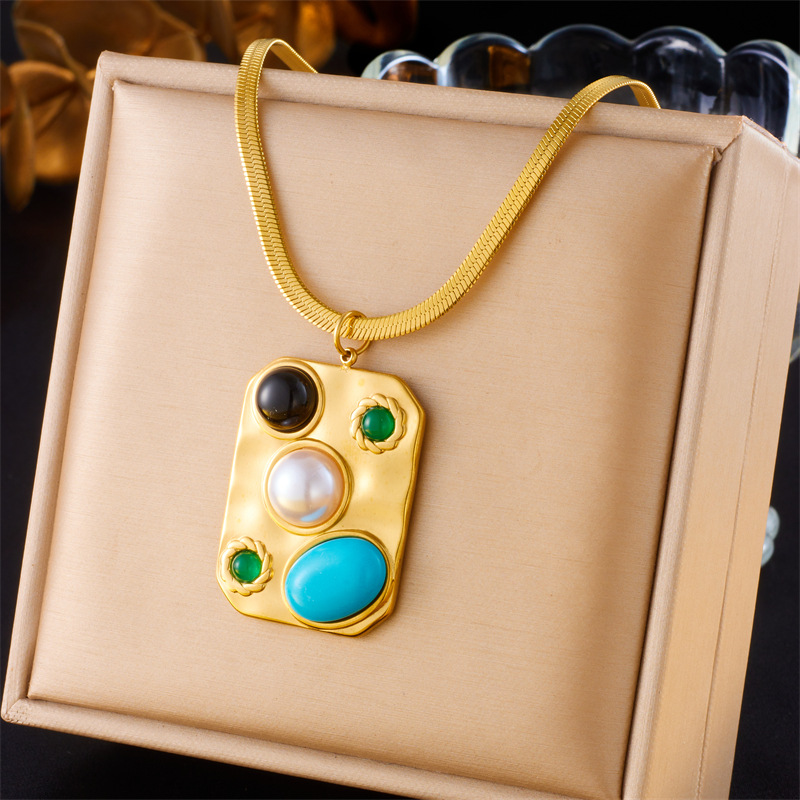 European and American cross-border fashion gold-plated, turquoise and pearl square pendant stainless steel collarbone necklace full figure
