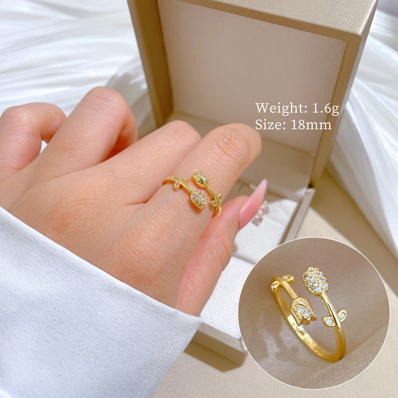 【 Real Gold 】 Rose full diamond ring with adjustable opening, simple jewelry, Japanese-style ring couple rings details Picture