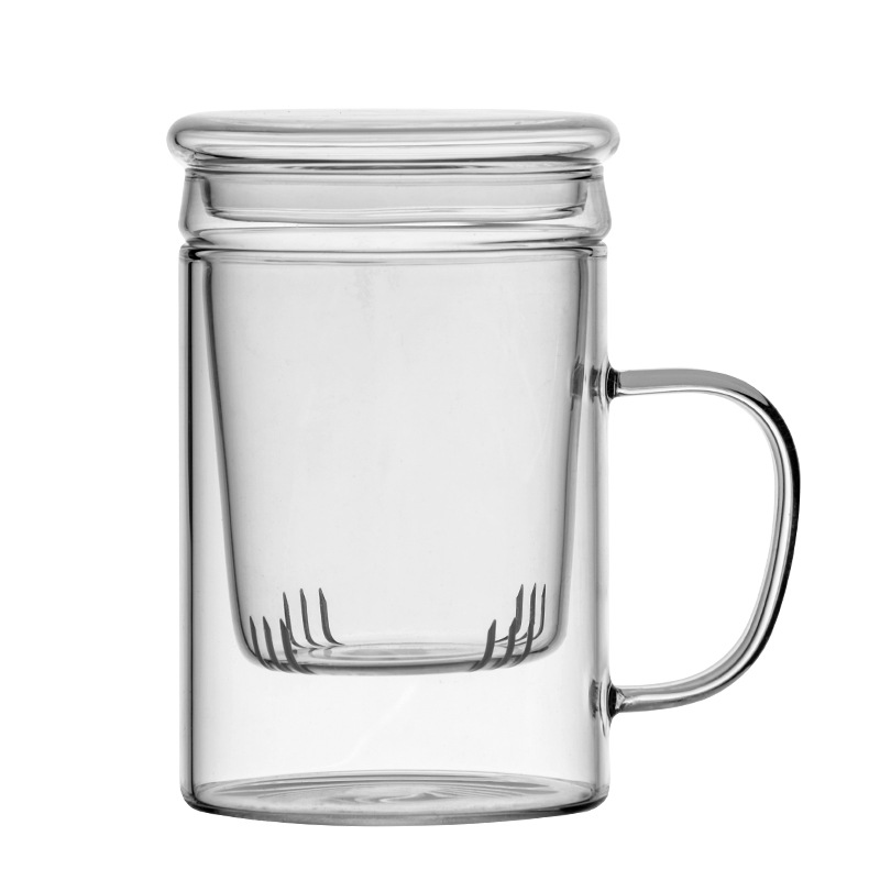Heat-resistant glass tea cups, household large-capacity filtering tea cups wholesale, transparent water cups with LIDS, tea-water separation three-piece cups Item Picture