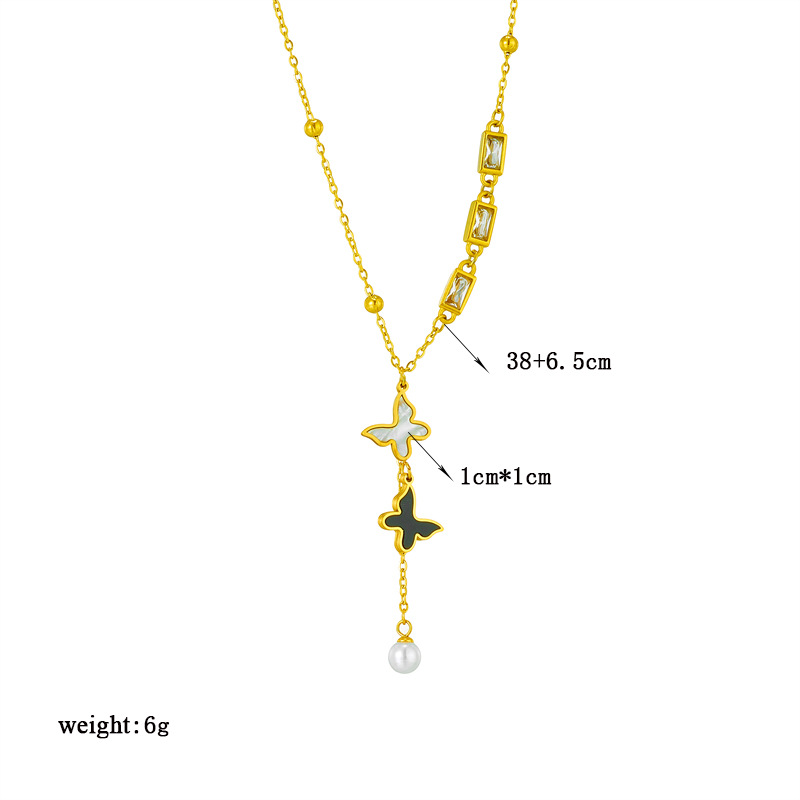 A high-end and light luxury titanium steel collarbone chain featuring a new European and American shell black and white butterfly square zircon tassel necklace Application Scenario