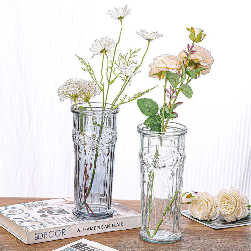 Simple glass vase, tall straight tube, embossed glass vase, home flower arrangement, water care, living room decoration, dried flower vase details Picture