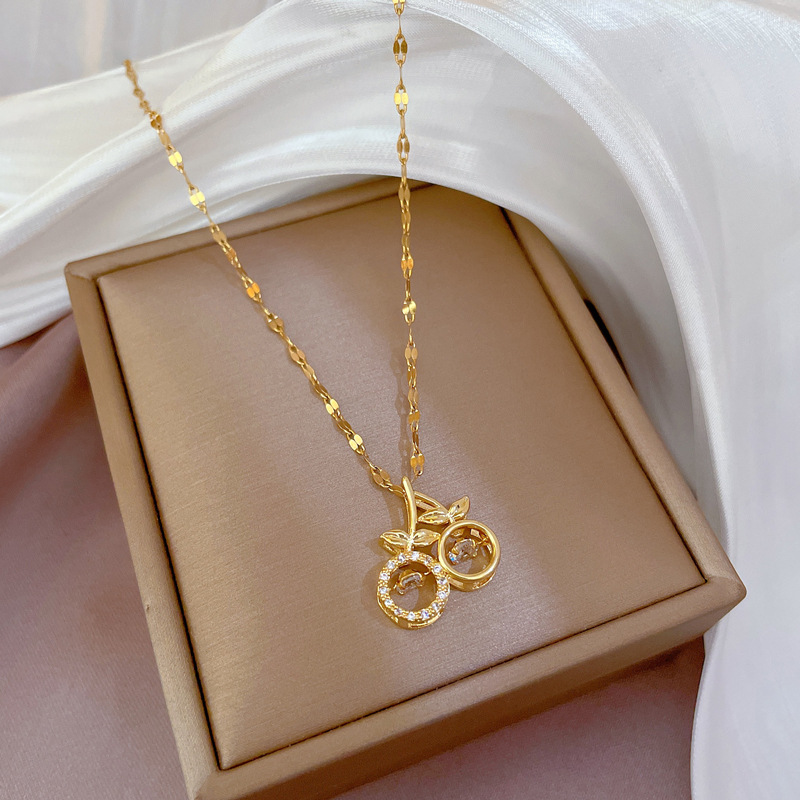 【 Titanium Steel 】 Micro-inlaid light Luxury dynamic cherry Exquisite micro-inlaid necklace, women's fashion trend collarbone chain manufacturer Specification drawing