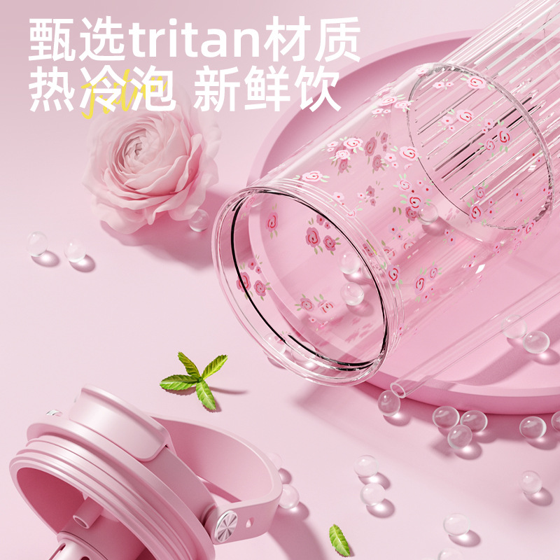 High appearance level, large-capacity floral plastic portable straw water cup, special water cup for students to go to school, summer hand-held water cup Specification drawing