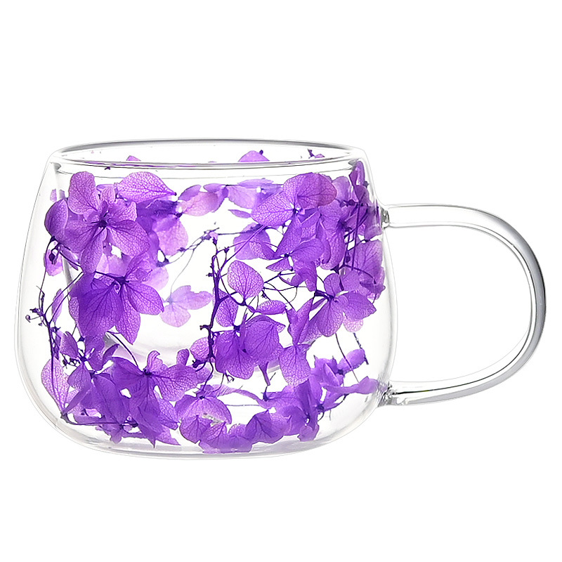 Cross-border universal internet-famous double-layered glass cup with real flowers, high appearance level, souvenir coffee cup, high borosilicate simple cup Item Picture