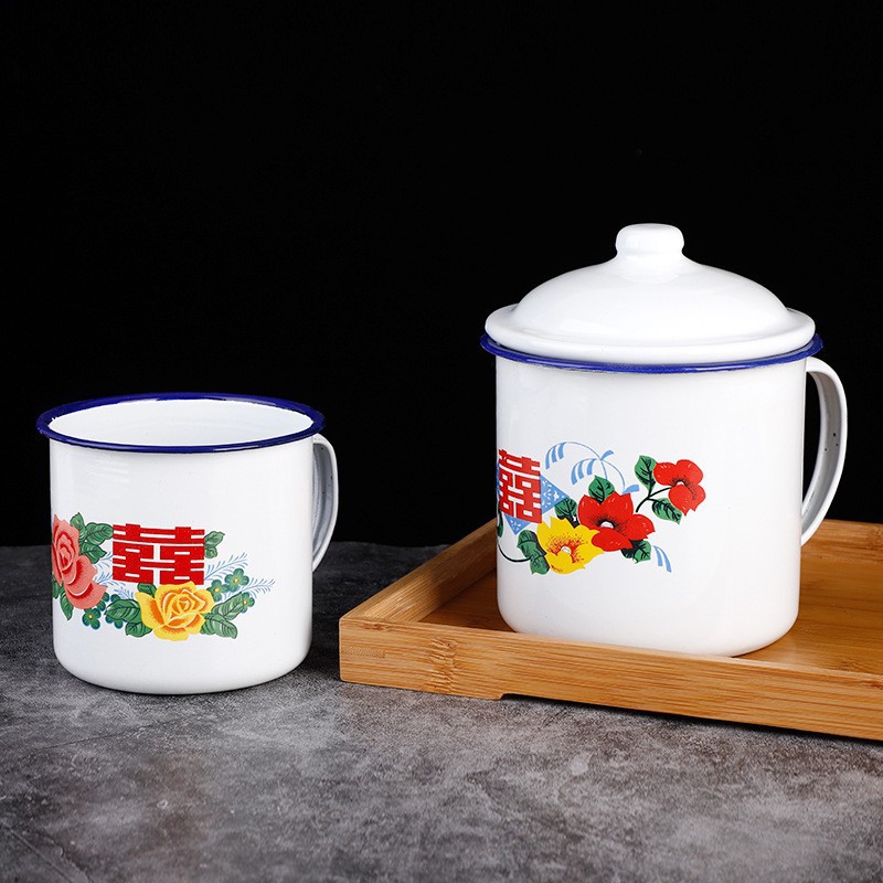 Enamel Double happiness cup, flower lid cup, old-fashioned enamel tea VAT, wedding candy tea cup, nostalgic enamel tea VAT cup, enamel cake cup Application Scenario