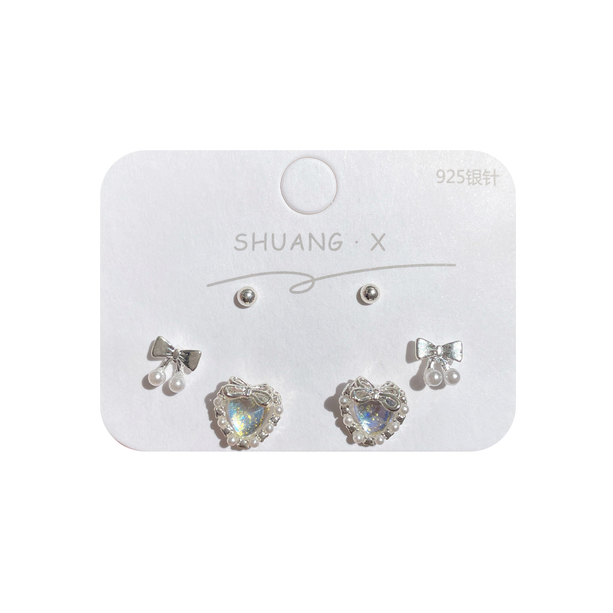 Summer diamond-encrusted plain silver bow stud silver needle three-pair set, small design, exquisite, simple and sweet earrings Item Picture