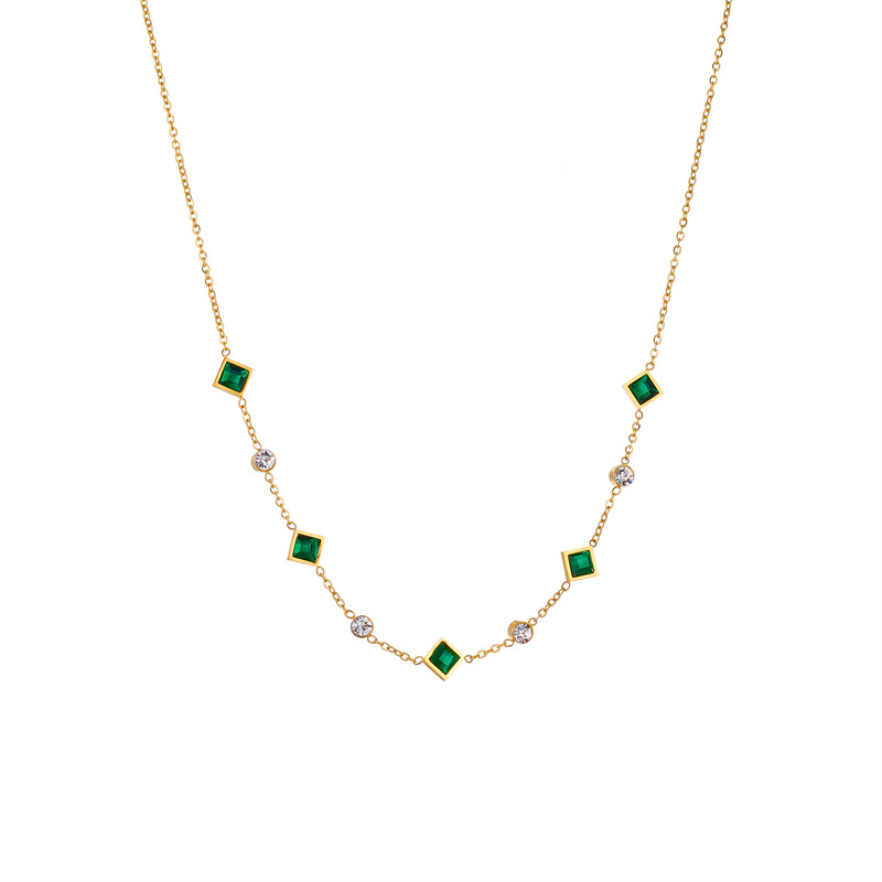 Cross-border fashion diamond-encrusted emerald square round diamond accessories chain stainless steel jewelry necklace Item Picture