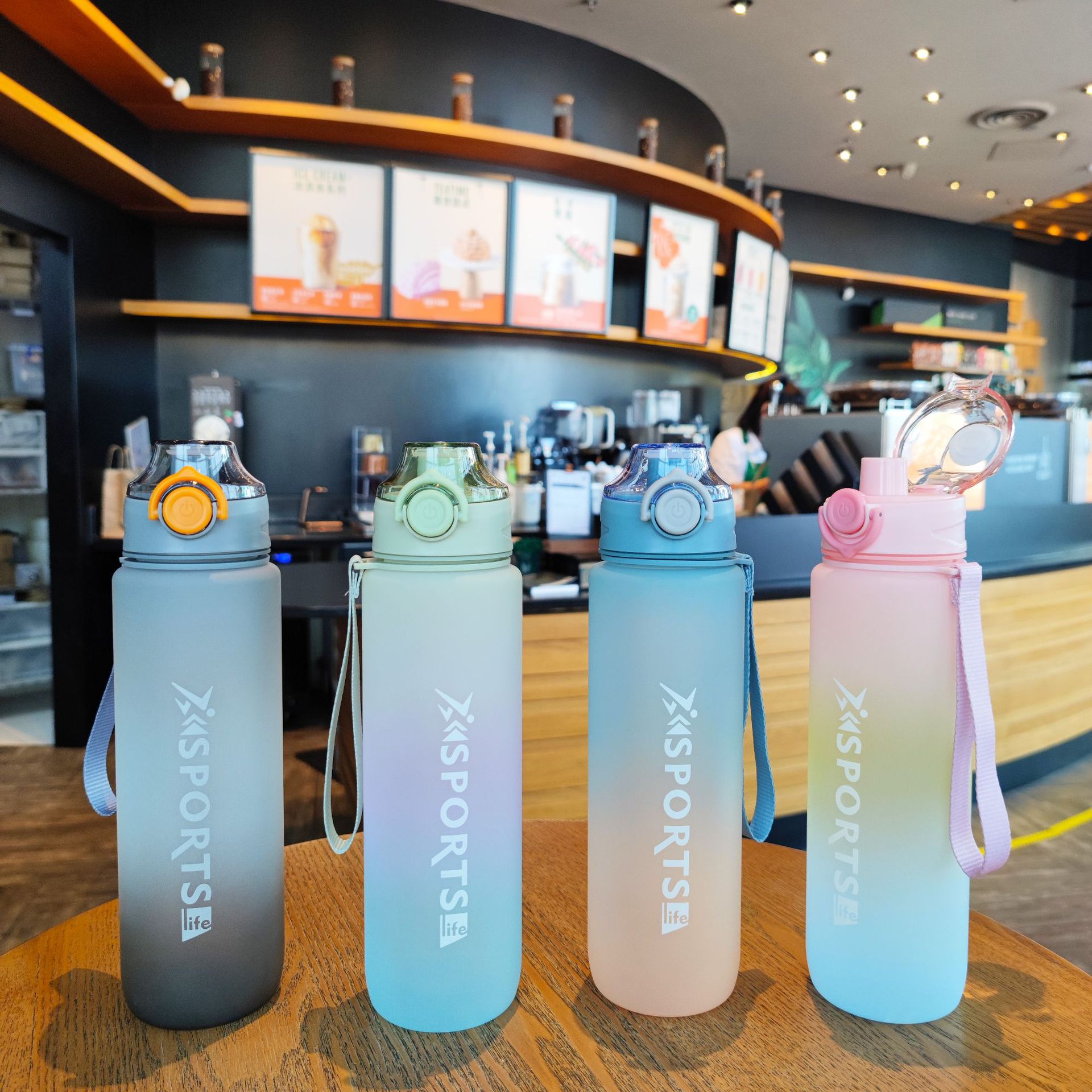 Gradient frosted direct drinking water cup, portable carrying tea, elastic lid, cross-border e-commerce outdoor fitness and sports water bottle full figure