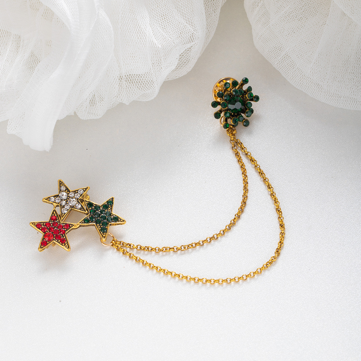 British-style suit shirt, crystal snowflake, five-pointed star chain brooch, cross-border new women's exquisite and fashionable badge details Picture