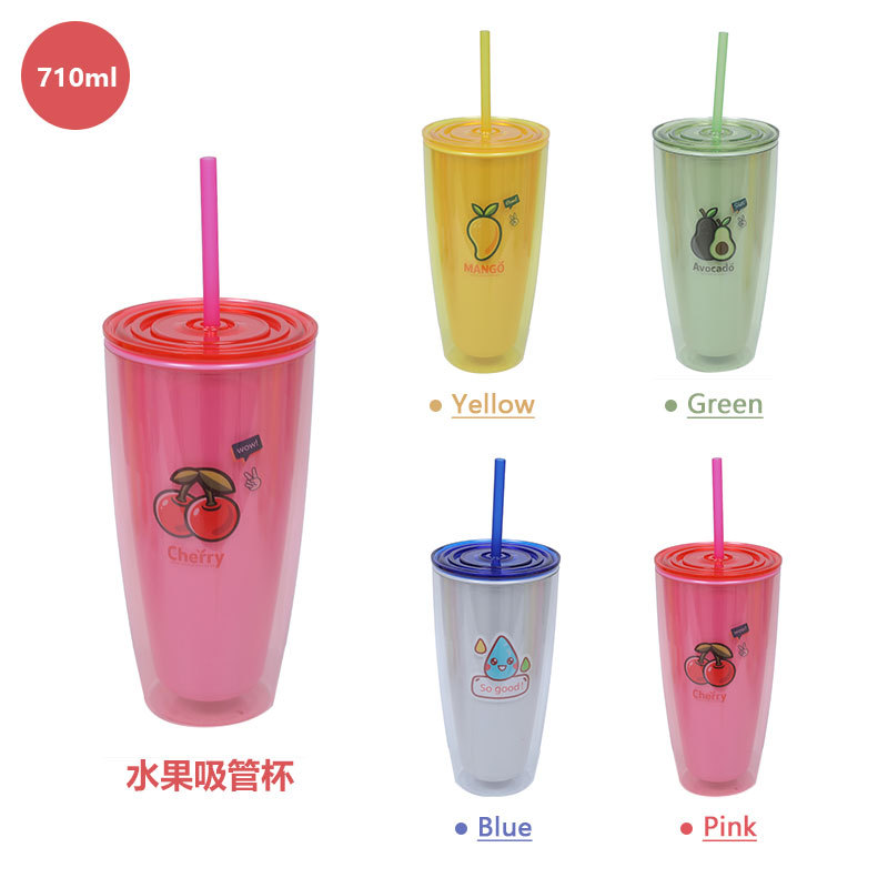 Factory direct sales of hot-selling straw cups, portable large-mouth easy-to-clean drinking cups, cartoon fruit pattern double-layer cups full figure
