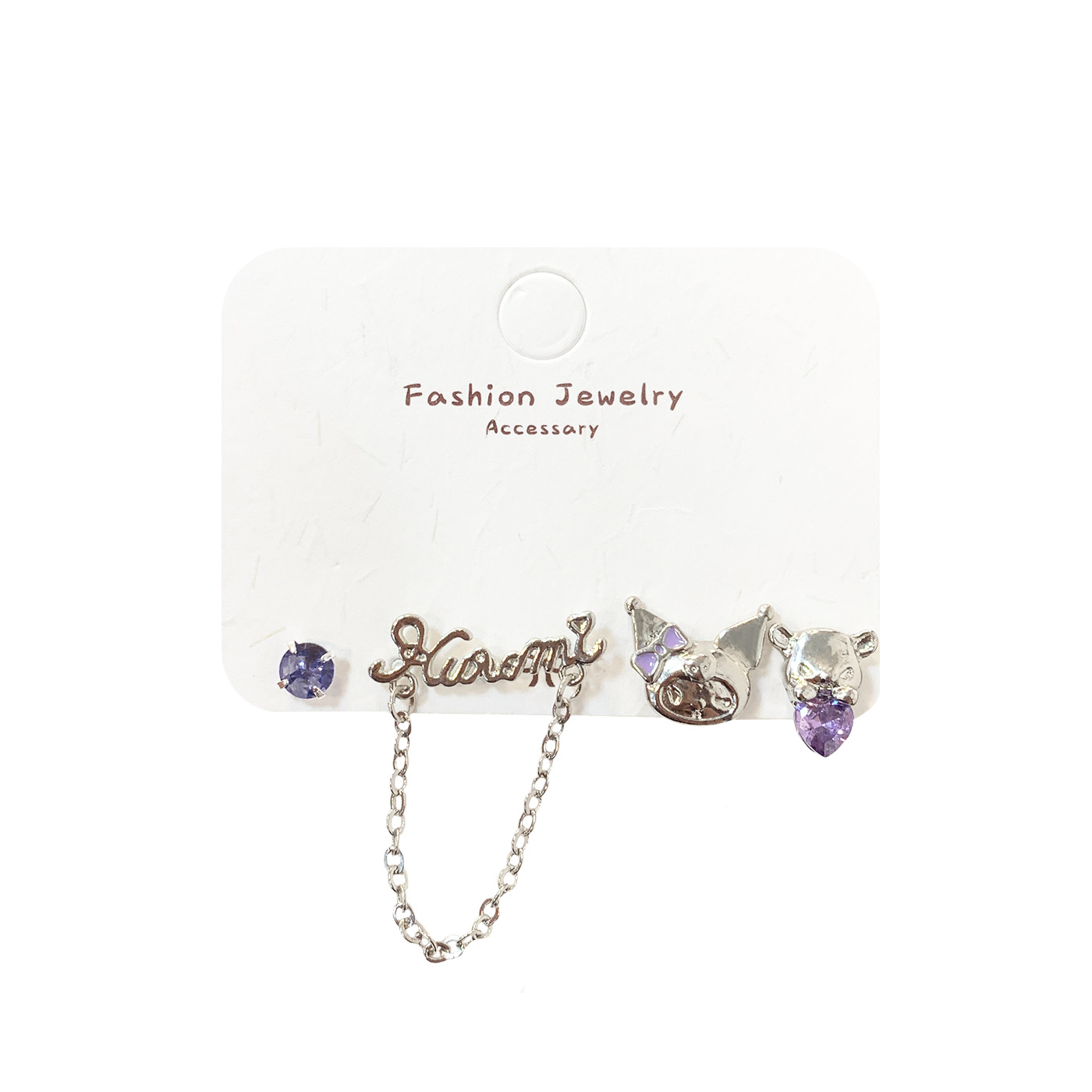 Sweet cartoon little devil, exquisite purple diamond rabbit stud earrings, female silver needle, niche design, fun and childlike student earrings Item Picture