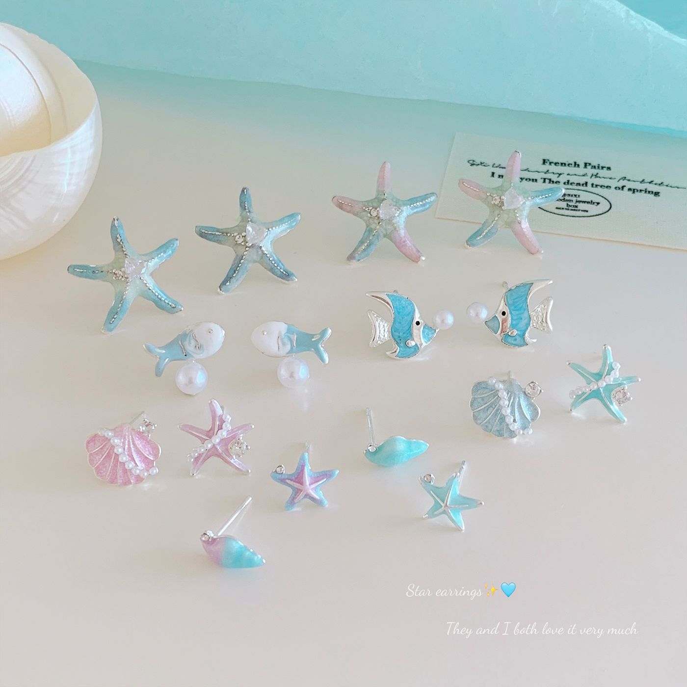 Ocean vacation style blue starfish shell stud earrings, women's silver needle, fresh and versatile design sense, exquisite and sweet earrings full figure