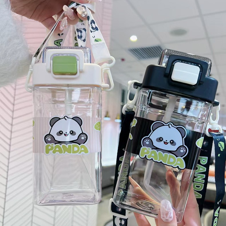Yitong New Panda Simple Double-Drinking Plastic Cup, Portable square Cup, Cartoon Children's Water bottle, Lock buckle pop-up lid straw cup details Picture