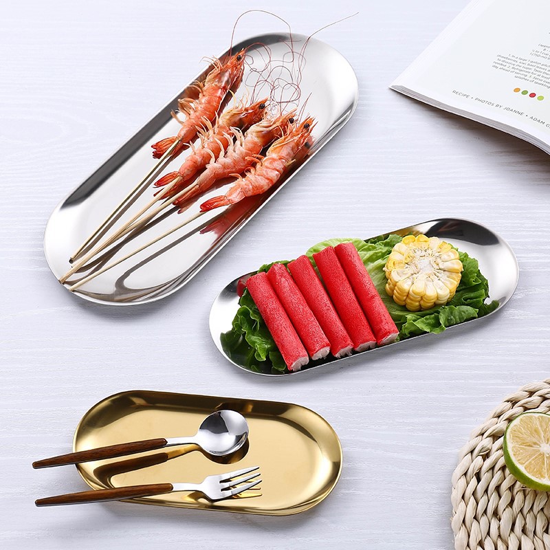 Nordic ins jewelry storage, pastry, barbecue, golden towel plate, outdoor stainless steel oval tray Application Scenario
