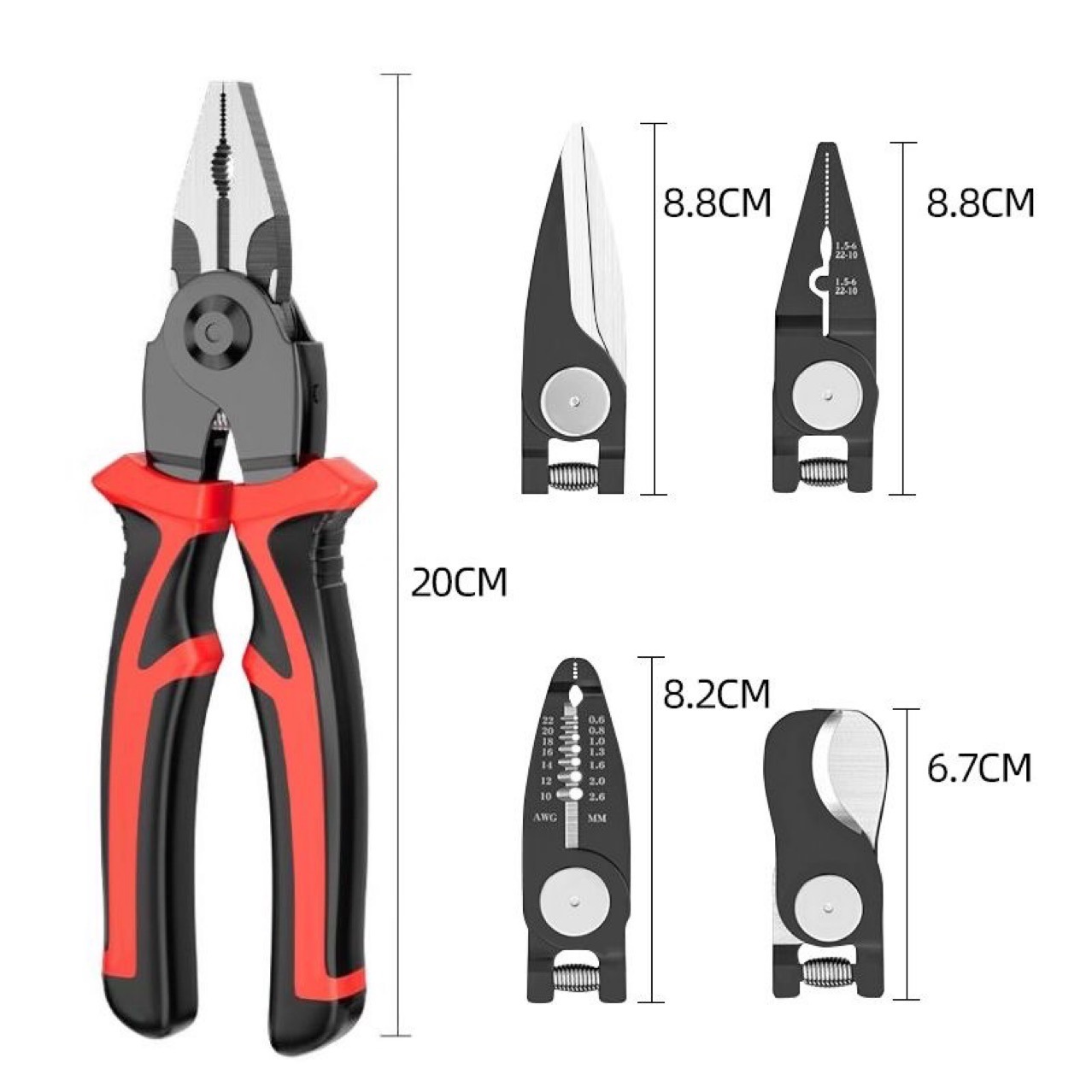 The multi-functional five-head replaceable pliers can be used for five purposes at once. They are electrician wire strippers, pliers, and multi-head pliers, all of which are sturdy details Picture
