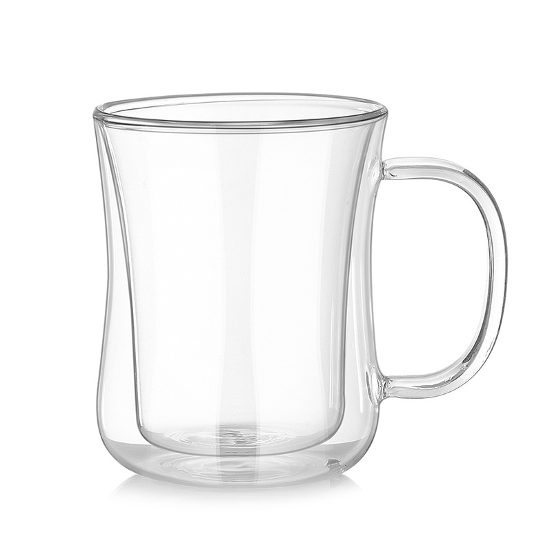 Glass cup factory high borosilicate glass cups, cross-border double-layer coffee cups, creative slender handle cups, milk cups, transparent water cups details Picture