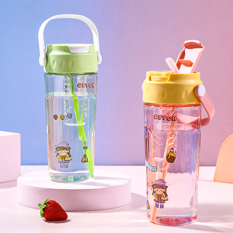 Cartoon diy portable hand-held plastic cup with filter, large-capacity hand-held straw cup, fitness portable sports water cup details Picture