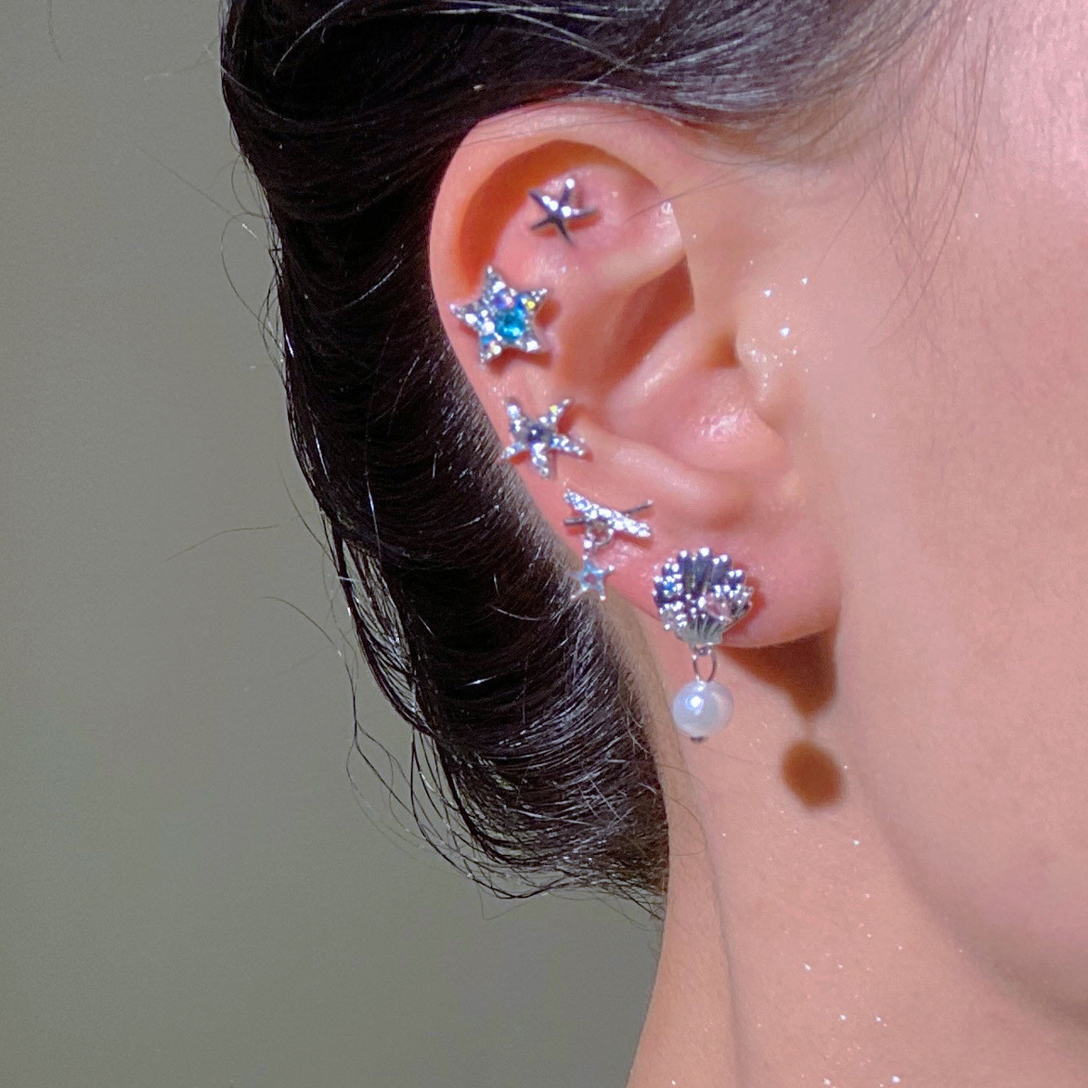 Cross-border accessories, ocean vacation style, fresh blue starfish, pearl, shell, ear bone nails, cochlear nails, single ear nails for women details Picture