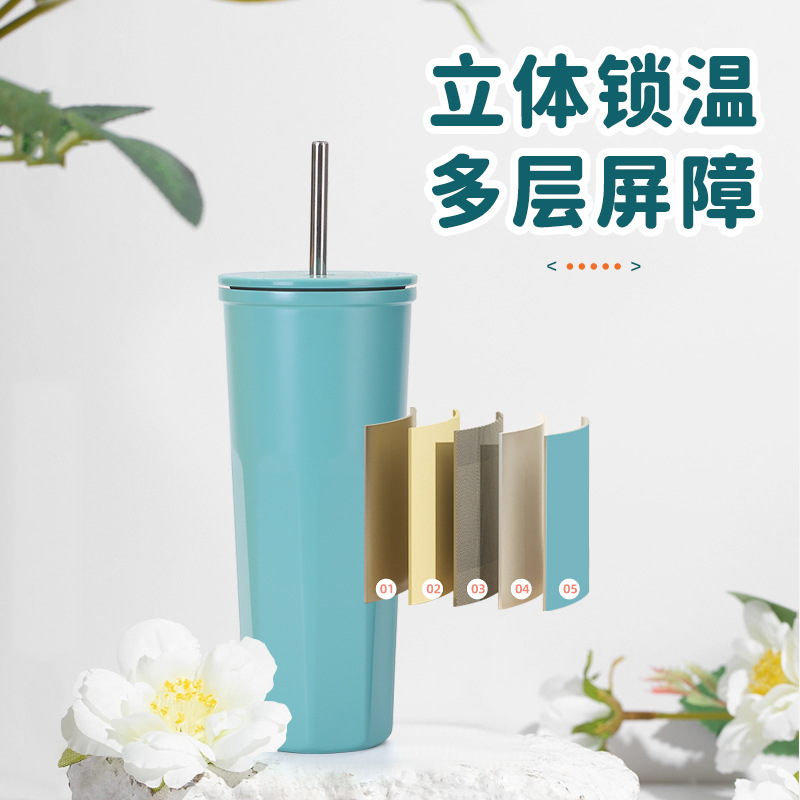 Cross-border 304 stainless steel insulated cup, portable car vacuum coffee cup, creative office portable straw cup details Picture