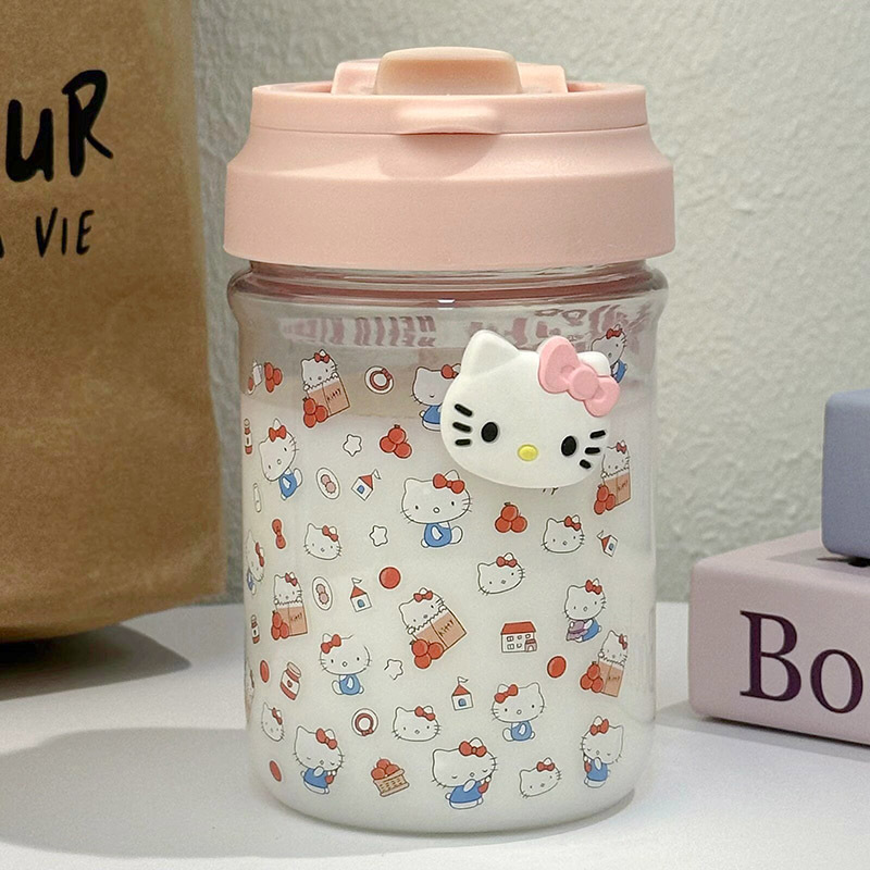 New kt cat cute sticker straw cup for girls on Instagram, portable double-drinking cup for girls, plastic cup, heat-resistant details Picture